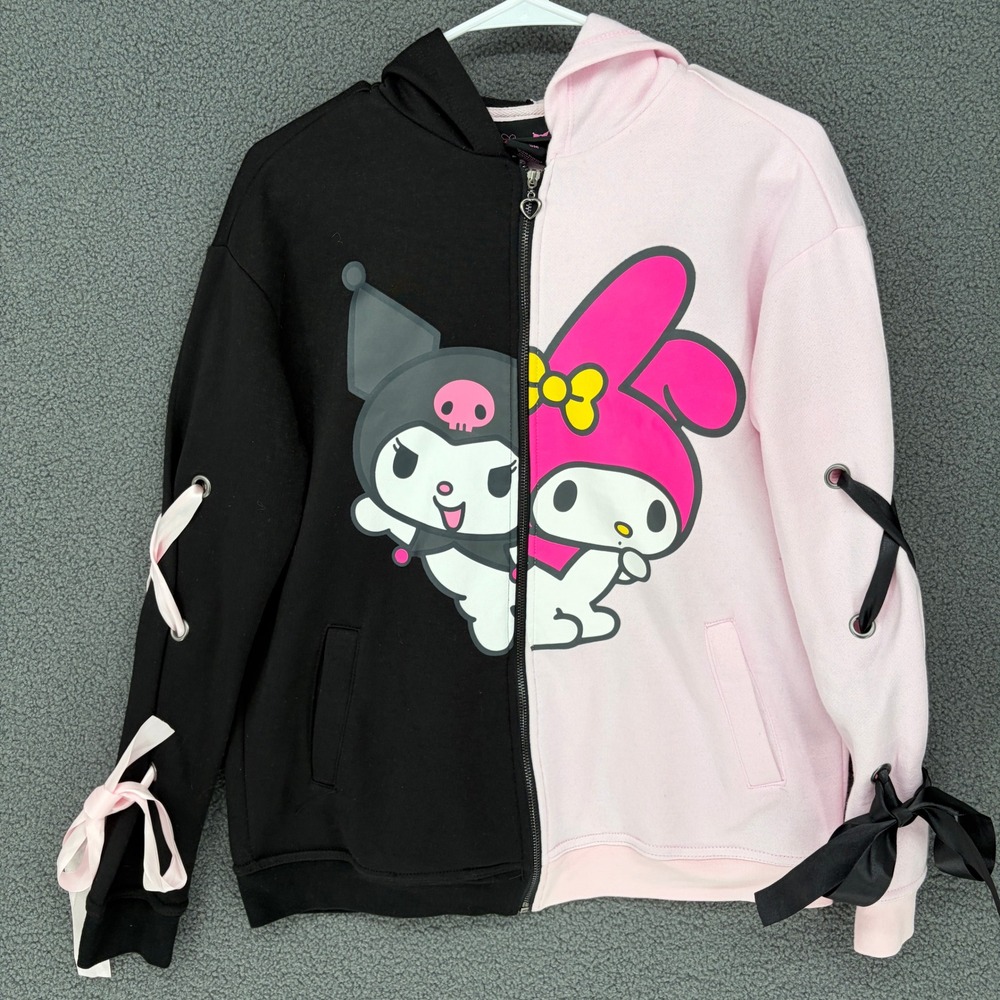 Sanrio My Melody Kuromi Split Zip Hoodie Pink Black Lace Up Sleeve Small
